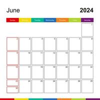 juni 2024 kleurrijk muur kalender, week begint Aan zondag. vector