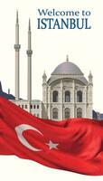 Istanbul nodigt uit toeristen, een moskee en een Turks vlag. vector. vector