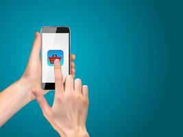 realistische hand met smartphone en winkelen icoon. vector illustratie
