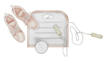 sport- oefening uitrusting Aan wit geïsoleerd achtergrond. hand- getrokken waterverf illustratie van vrouw geschiktheid accessoires. tekening van roze vrouw sportschoenen en schubben. schetsen van springen touw en stopwatch vector