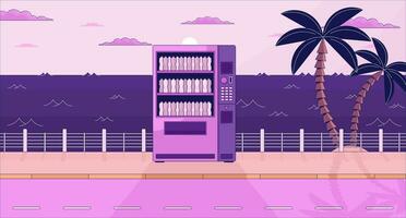 drinken verkoop machine Aan schemer waterkant zie fi esthetisch behang. drank automaat Aan zonsondergang kade 2d vector tekenfilm landschap illustratie, Purper lofi achtergrond. 90s retro album kunst, kilte gevoel