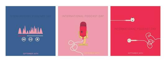 Internationale podcast dag. een reeks van plein ansichtkaarten voor september 30e. bedrade oordopjes, equalizer geluid Golf, studio microfoon. vector illustratie voor ontwerp.