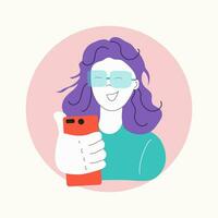 jong vrouw in zonnebril. een meisje met een smartphone duurt een selfie, communiceert, glimlacht. communicatie, bloggen. helder vector illustratie Aan een wit geïsoleerd achtergrond.