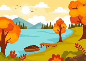 herfst landschap achtergrond vector illustratie met bergen, velden, bomen en vallen bladeren in vlak tekenfilm natuurlijk seizoen panorama Sjablonen