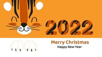 horizontale banner of kaart met schattige cartoon tijger gezicht gelukkig nieuwjaar en vrolijk kerstfeest 2022. vectorillustratie vector