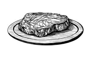 vlees steak Aan hout bord. hand- tekening schetsen gravure stijl vector illustratie