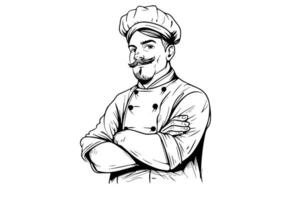chef in een hoed met gekruiste arm houding logotype gravure stijl vector illustratie.