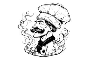 chef in een hoed kant visie logotype gravure stijl vector illustratie.