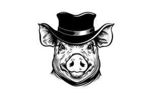 schattig varken of varkensvlees in hoed hoofd gravure logotype stijl vector illustratie.