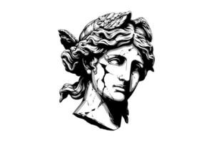 gebarsten standbeeld hoofd van Grieks beeldhouwwerk schetsen gravure stijl vector illustratie.