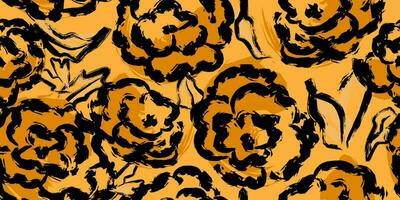 een patroon van zwart en oranje bloemen Aan een geel achtergrond vector