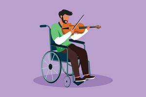 karakter vlak tekening van onbekwaamheid en muziek- evenement. Arabisch Mens in rolstoel Toneelstukken viool. fysiek gehandicapt. persoon in ziekenhuis. revalidatie centrum geduldig. tekenfilm ontwerp vector illustratie