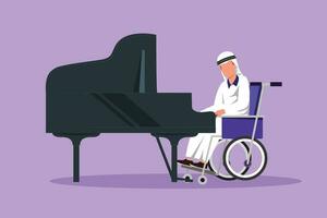 karakter vlak tekening gehandicapt Arabisch Mens in rolstoel spelen piano in concert. onbekwaamheid en klassiek muziek. fysiek gehandicapt. revalidatie centrum geduldig. tekenfilm ontwerp vector illustratie