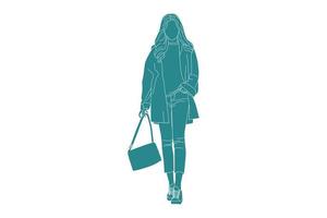 vectorillustratie van een casual vrouw die loopt terwijl ze een tas draagt, vlakke stijl met omtrek vector