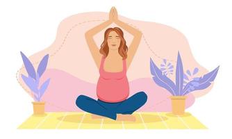 zwangere vrouw die thuis mediteert. concept illustratie voor prenatale yoga, meditatie, ontspannen, recreatie, gezonde levensstijl. illustratie in platte cartoonstijl. vector