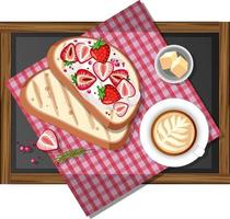 bovenaanzicht van aardbei bruschetta op houten dienblad met een kopje koffie geïsoleerd vector