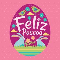 Gelukkige Pasen of Feliz Pascoa Typografische achtergrond met konijn en bloemen vector