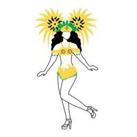 Braziliaanse carnaval danser platte silhouet vectorillustratie. dame in traditionele kleding. maskerade. 2d geïsoleerd overzichtskarakter op witte achtergrond. vrouw in feestelijke hoofdtooi eenvoudige stijltekening vector