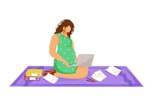 zwangere freelancer vrouw met laptop doet haar werk platte vectorillustratie. verre werker. jong meisje maken werktaak zittend op de vloer stripfiguur op witte achtergrond vector