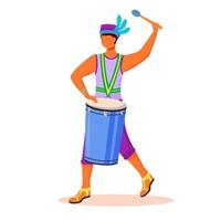 brazilië carnaval drummer egale kleur vector gezichtsloos karakter. latino man in hemd en hoed. samba. man die op conga speelt door drumstick geïsoleerde cartoonillustratie voor grafisch webontwerp en animatie