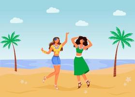 Braziliaanse carnaval egale kleur vectorillustratie. vrouwen in zomerkleding. vakantie parade. staande latino vrouwen 2d stripfiguren met zeestrand en palmen op de achtergrond vector