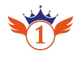 brief 1 vervoer logo met vleugel, schild en kroon icoon. vleugel logo Aan schild symbool vector