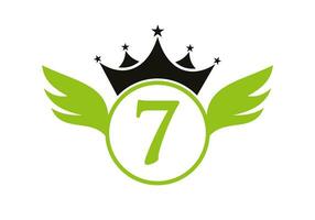 brief 7 vervoer logo met vleugel, schild en kroon icoon. vleugel logo Aan schild symbool vector