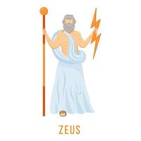 zeus platte vectorillustratie. oude Griekse godheid. god van lucht, donder en bliksem. koning, heerser van olympus. mythologie. goddelijke mythologische figuur. geïsoleerde stripfiguur op witte achtergrond vector