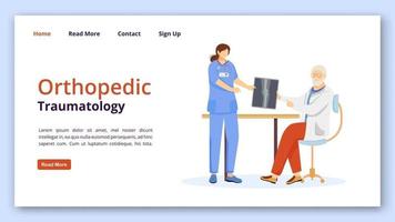 orthopedische en traumatologie bestemmingspagina vector sjabloon. botbreuk, traumabehandeling website-interface idee met platte illustraties. lay-out van de startpagina van de kliniek. webbanner, webpagina cartoon concept