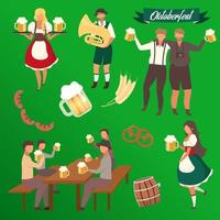 oktoberfest platte vector illustraties set. bezoekers met kopjes alcohol. obers in klederdracht stickers. vat en gerst. muzikant met trompet. bierfestival geïsoleerde stripfiguren