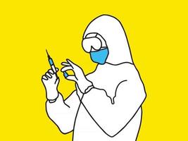 artsen in maskers met spuit en vaccin. mensen vaccinatie concept voor immuniteit gezondheid. covid19. gezondheidszorg, coronavirus, preventie en immuniseren. vector ontwerp