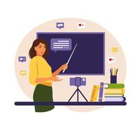 online leerconcept. leraar bij schoolbord, videoles. afstandsstudie op school. vectorillustratie. vlakke stijl. vector