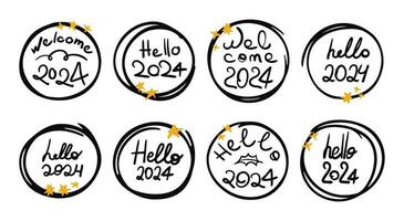 Hallo 2024 tekening sticker reeks vector illustratie