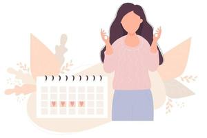 meisje op zoek naar kalender. mooi meisje ontspant naast haar menstruatiekalender. vectorillustratie. concept menstruatie meisje en vrouwen gezondheid vector