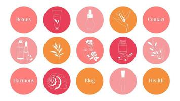 een reeks van highlights helder gemakkelijk roze en oranje pictogrammen voor een blog over cosmetica, geneeskunde en mentaal Gezondheid. vector