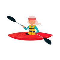 vrouw met grijs haar- het zeilen Aan een rood kajak in tekenfilm stijl. een jong of oud vrouw is kanoën en peddelen instappen. water amusement, sport, buitenshuis recreatie. vector