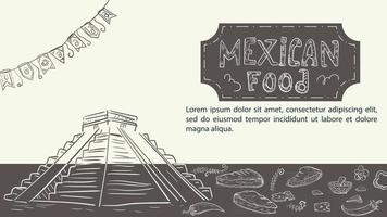 illustratie hand getrokken schets voor een ontwerp op het thema van de Mexicaanse voedselpiramide van indianen tortilla's taco's en burrito's hete peper tomaat vector