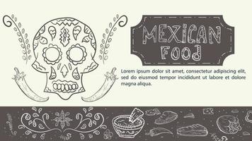 illustratie een handgetekende schets voor een ontwerp op het thema van Mexicaans eten een geschilderde schedel en hete chili peper vector