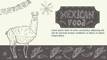 illustratie schets hand getekend voor een ontwerp op het thema van Mexicaans eten dierlijke alpaca of lama maïs maïs en hete peper vector