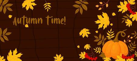 herfst tijd. banier met pompoen, trossen lijsterbes en kleurrijk vallen bladeren Aan bruin achtergrond. vector illustratie. herfst- horizontaal poster sjabloon in vlak tekenfilm stijl voor ontwerp en decoratie.