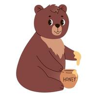 geïsoleerd schattig grappig beer met pot van honing in vlak vector stijl Aan wit achtergrond. bos- leven. Woud dier.