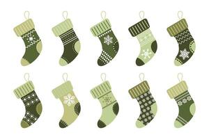 winter Kerstmis sokken met sneeuwvlok ornament, stickers set. pictogrammen, vector
