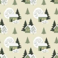 naadloos patroon, winter landelijk landschap met huizen in de sneeuw, Spar bomen en bomen. afdrukken, vector