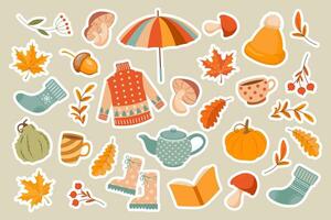 herfst reeks van knus stickers. trui, sokken, pompoenen, berg as, paddestoelen, paraplu, herfst bladeren, thee, rubber laarzen. ontwerp elementen. vector