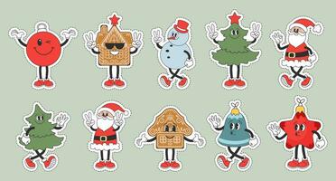 reeks van Kerstmis stickers, groovy retro karakters. sneeuwman, de kerstman claus, Kerstmis boom, ontbijtkoek, klok, ster, Kerstmis bal. Kerstmis vakantie pictogrammen in tekenfilm stijl. vector