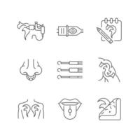 tattoo en piercing instrumenten lineaire iconen set. het maken van kunstwerken op het menselijk lichaam. sieraden injecteren. aanpasbare dunne lijncontoursymbolen. geïsoleerde vectoroverzichtsillustraties. bewerkbare streek vector