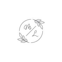 initialen ml monogram bruiloft logo met gemakkelijk blad schets en cirkel stijl vector