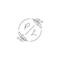 initialen pl monogram bruiloft logo met gemakkelijk blad schets en cirkel stijl vector