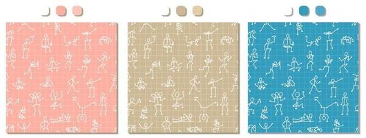 roze, beige, blauw, wit vector naadloos patroon met handgetekende mensenlichamen in verschillende poses op wiskundige vierkante achtergrond voor papier of textiel. set van drie varianten van dezelfde tekening