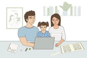 ouders en kind leren samen iets. vectorillustratie van leuke gezinsactiviteiten met laptop, boek, notitieboekje in de kamer thuis vector
